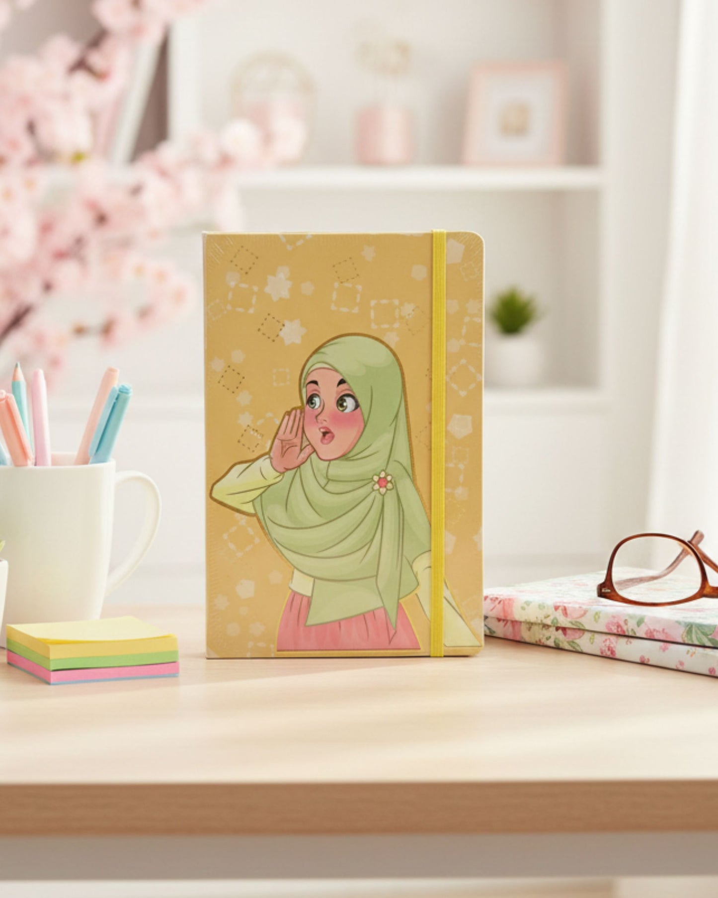 نوت بوك بنت محجبة بأستيك A5 - أصفر