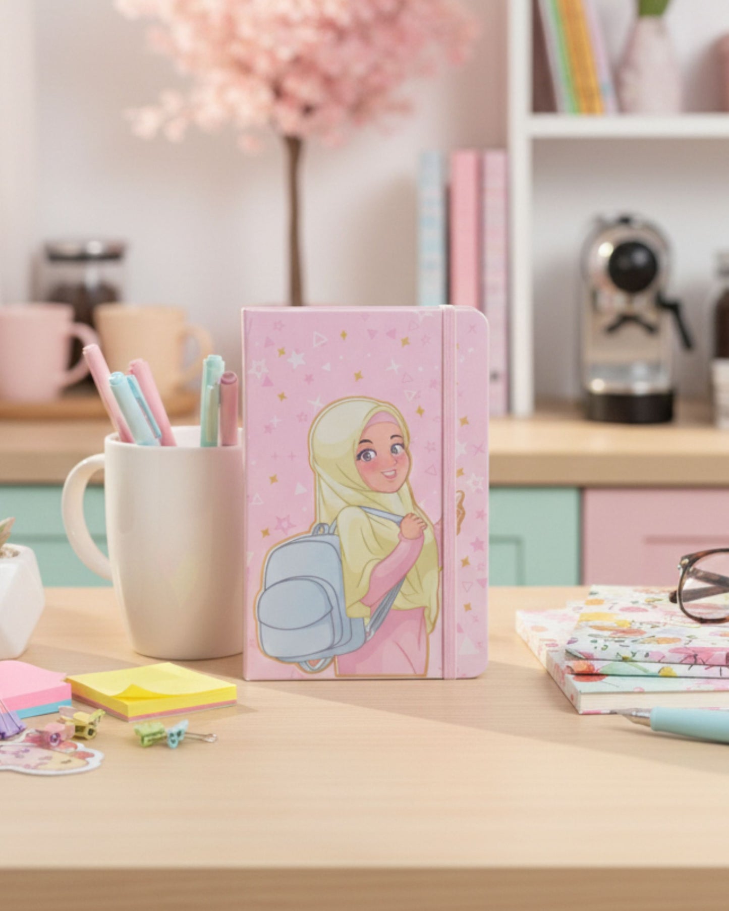 نوت بوك بنت محجبة بأستيك A5 - بينك