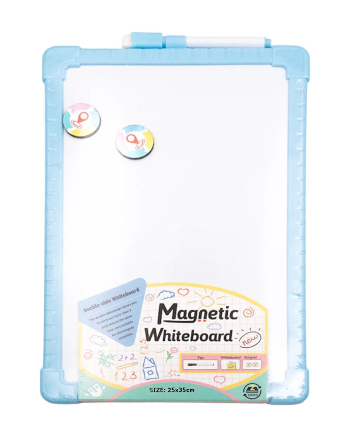 سبورة بيضاء وجهين 25x35 مع قلم ومغناطيس - أزرق