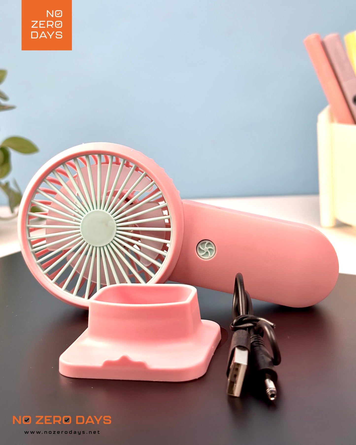 مروحة يد شحن مع هولدر للموبايل - بينك