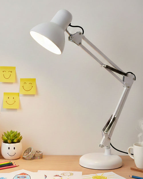 أباجورة مكتب هندسية بقاعدة ومشبك - أبيض