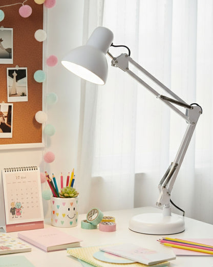 أباجورة مكتب هندسية بقاعدة ومشبك - أبيض