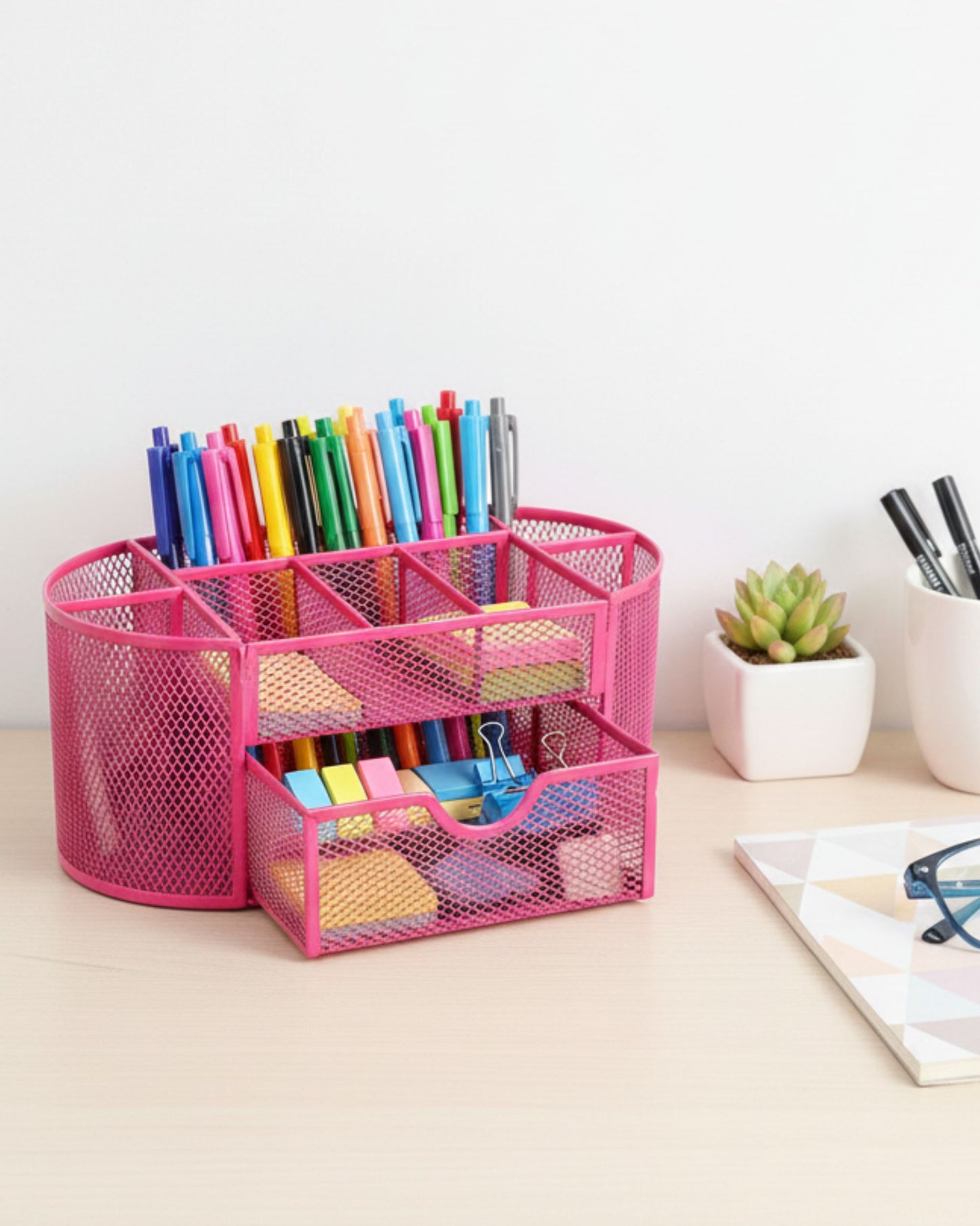 منظم مكتب معدني شبكي بدرج - بينك