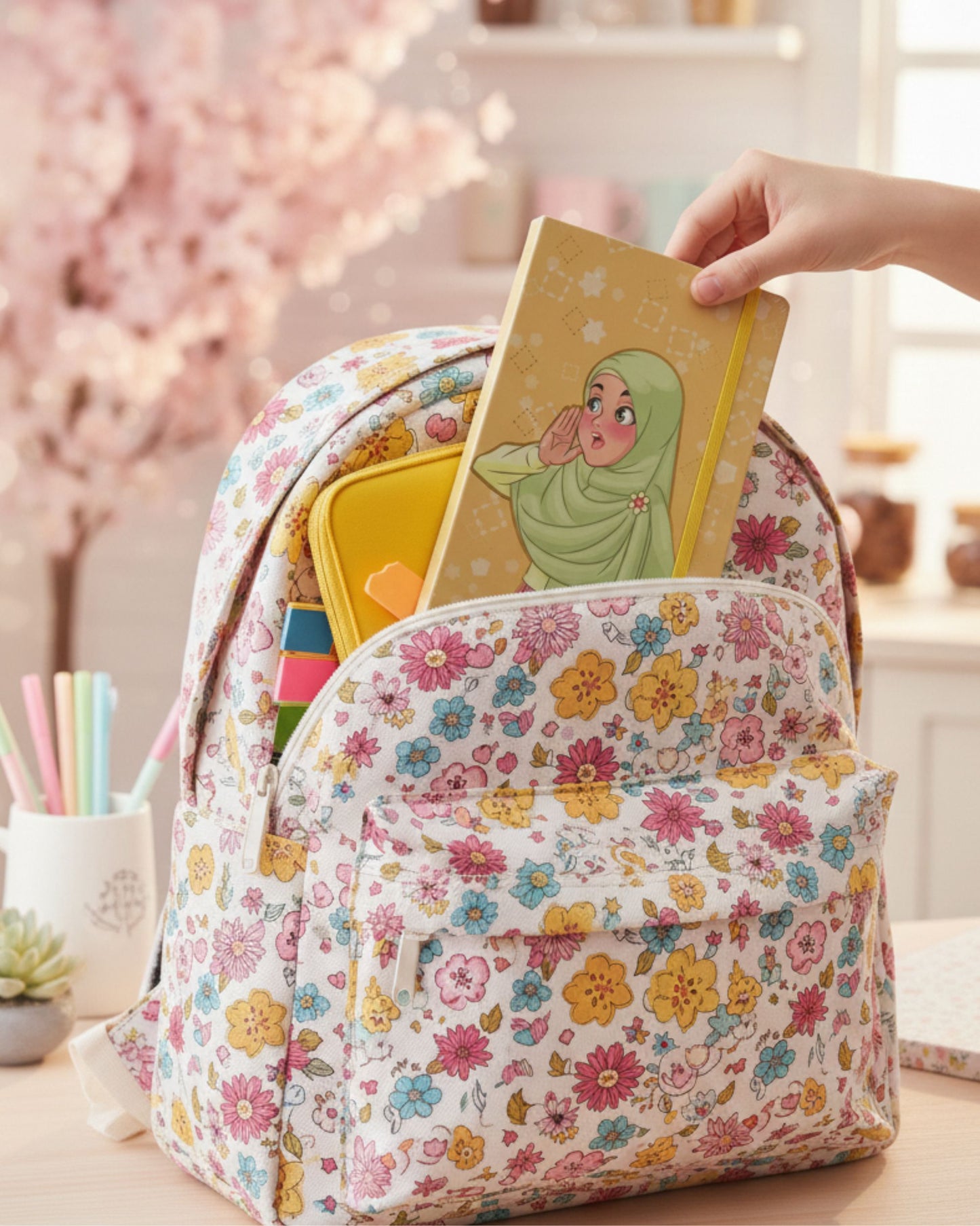 نوت بوك بنت محجبة بأستيك A5 - أصفر