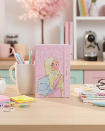 نوت بوك بنت محجبة بأستيك A5 - بينك