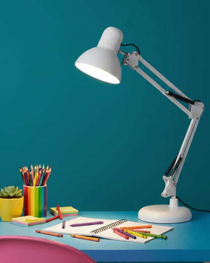 أباجورة مكتب هندسية بقاعدة ومشبك - أبيض