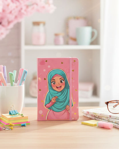 نوت بوك بنت محجبة بأستيك A5 - بينك
