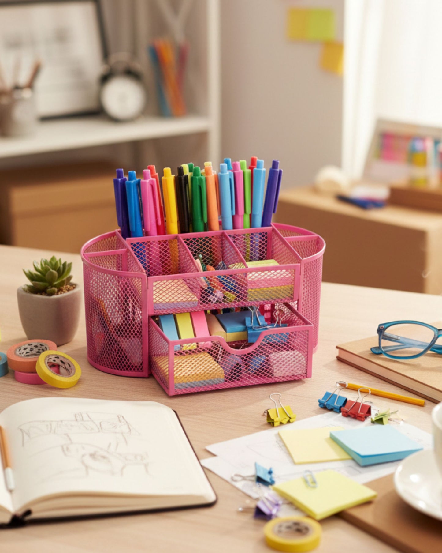 منظم مكتب معدني شبكي بدرج - بينك