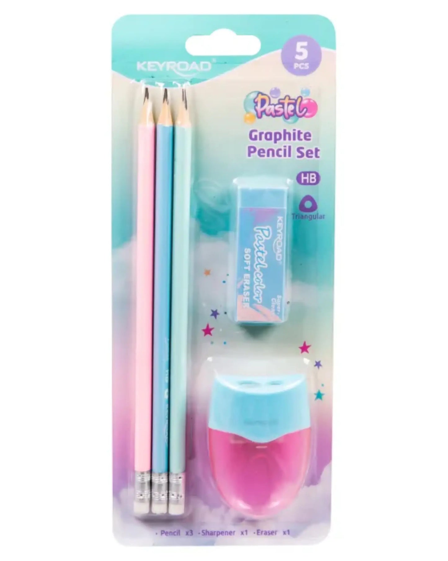 (طقم قلم رصاص باستيل (3 أقلام + أستيكه + براية 2 عين بخزان