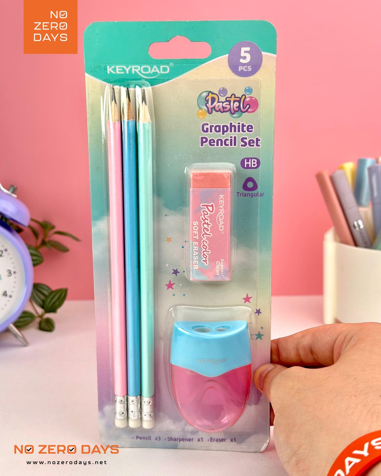 (طقم قلم رصاص باستيل (3 أقلام + أستيكه + براية 2 عين بخزان