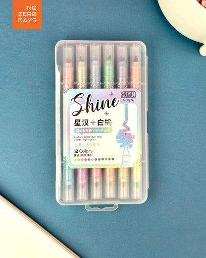 طقم أقلام هايلايتر لامع 12 لون (2 وجه)