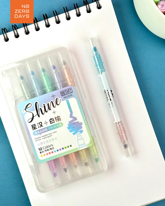 طقم أقلام هايلايتر لامع 12 لون (2 وجه)