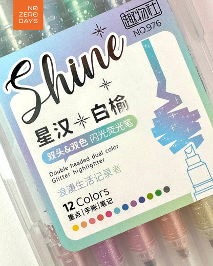 طقم أقلام هايلايتر لامع 12 لون (2 وجه)