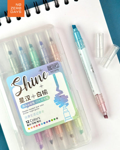 طقم أقلام هايلايتر لامع 12 لون (2 وجه)