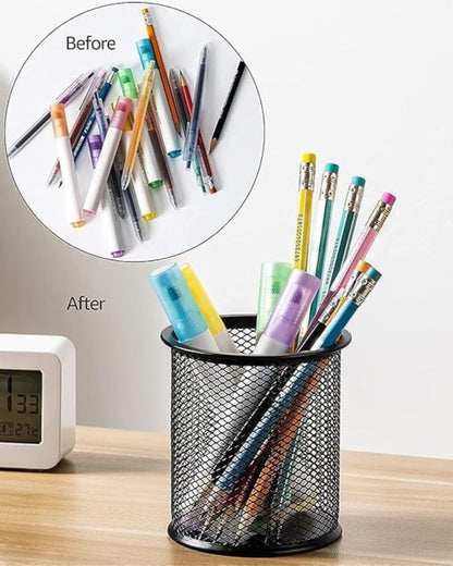 كوب أقلام معدن شبك دائري - أسود