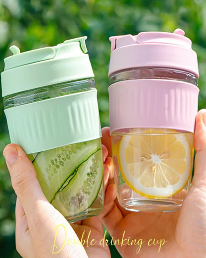 مج زجاج بإطار جلد - بينك