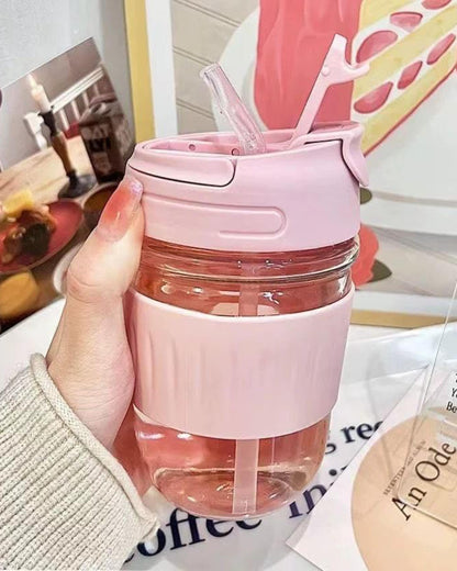 مج زجاج بإطار جلد - بينك