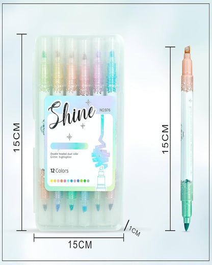 طقم أقلام هايلايتر لامع 12 لون (2 وجه)