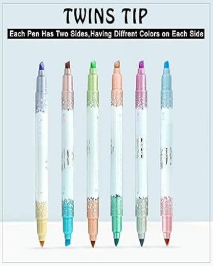 طقم أقلام هايلايتر لامع 12 لون (2 وجه)