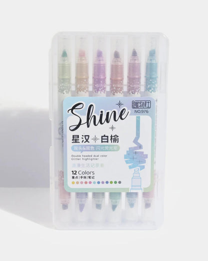 طقم أقلام هايلايتر لامع 12 لون (2 وجه)