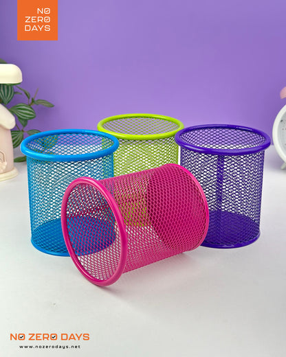 كوب أقلام معدن شبك دائري - أزرق