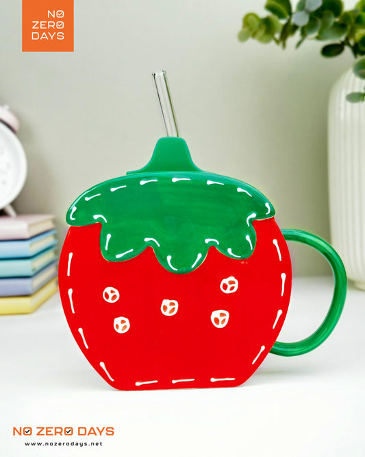 مج سيراميك فراولة مع شفاطة - أحمر