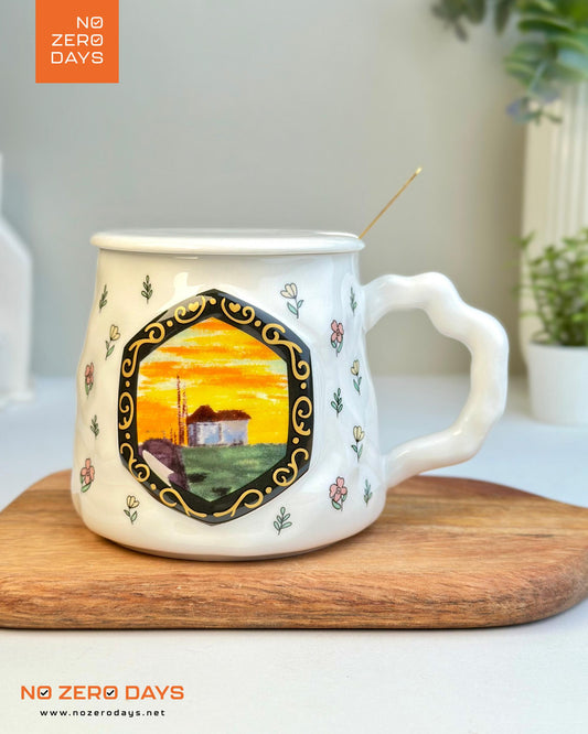 مج سيراميك رسمة طبيعة بارز مع معلقة