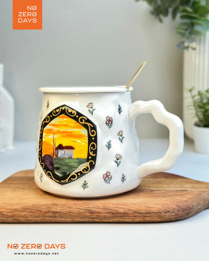 مج سيراميك رسمة طبيعة بارز مع معلقة