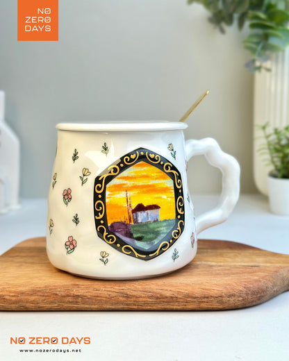 مج سيراميك رسمة طبيعة بارز مع معلقة