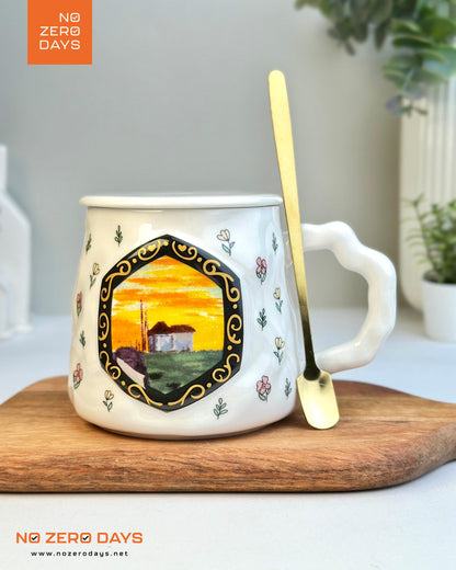 مج سيراميك رسمة طبيعة بارز مع معلقة