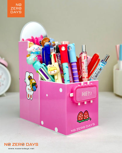 منظم مكتب بلاستيك بمراية وقفل - بينك